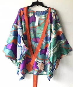 Urban Outfitters strukturierter schimmernder Kimono schwarz beige Staubtuch Oberteil neu mit Etikett - Bild 1 von 3