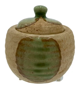 Rustic Stoneware Pottery Lidded Jar with vent; Light Brown and Green; Garlic Jar - Picture 1 of 13