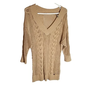 Guess Tunic Sweater Women's Medium V Neck Dolman Sleeves Beige Loose Knit - Picture 1 of 10