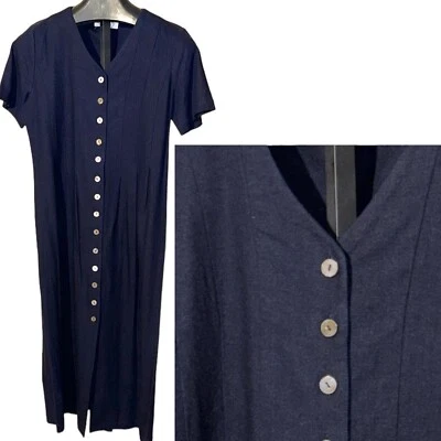 VESTIDO ORVIS AZUL MARINO MADREPERLA BOTONES LARGO LINO RAYÓN TALLA 6 Foto 1 de 4