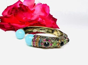 Heidi Daus Ball End Turquoise Hinged Cuff Bracelet Multicolor Crystals 8" Wrist - Picture 1 of 7