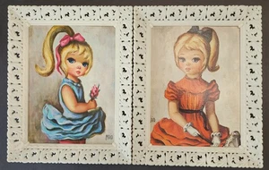 Vintage Maio Big Eyed Girl Framed Litho Prints Holding Flowers Blue & Red Dress - Picture 1 of 4