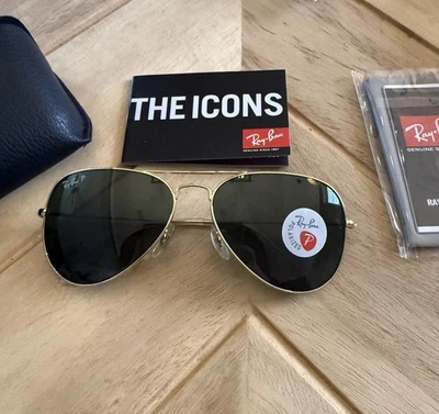 Ray-Ban Sunglasses Gold Metal Polarized Aviators With Green Lense - image 1 of 4
