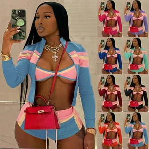 SEXY Lady Stretchy Tracksuits Zip Coat+Bra Top+Hot Pants Outfits Co Ord 3Pcs Set - Picture 1 of 40