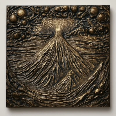 Handmade Volcano CNC Carved Relief Wooden Wall Art Painted Lava Scene 7.5x7.5" - Image 1 of 3