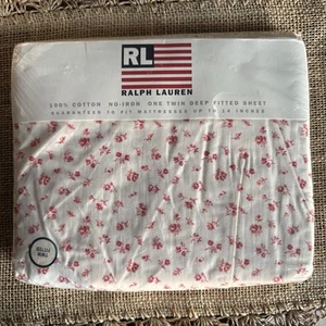 Vtg RALPH LAUREN HOME Colchester Red Cream Floral TWIN Deep Fitted Sheet Cotton - Picture 1 of 9