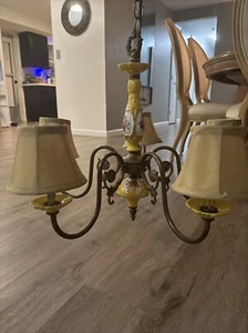 Chandelier 5 Arms Lights Ceramic Porcelain Ceramic Brass Italy Yellow Hand Paint - Picture 1 of 20