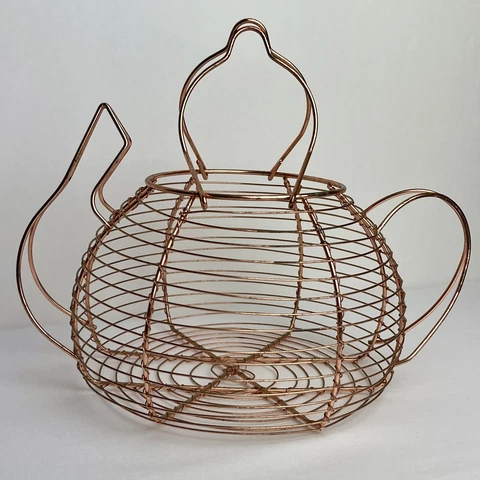 Copper Wire Teapot Shaped Chicken Egg Basket, Kitchen Farmhouse Decor W/ Handles Cover