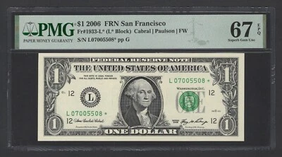 United States-Federal Res One Dollar 2006 Fr#1933-L* (L* Block) UNC Grade 67 - Image 1 of 2