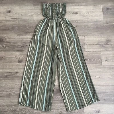 AERIE Wide Leg Jumpsuit Small Linen Smocked Cut Out Green Stripe Resortwear Boho - Image 1 of 4