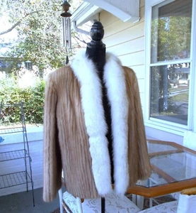 Women's Saga Blonde Ribbed Mink Fur Jacket Coat & White Fox Fur Trim M - Picture 1 of 14
