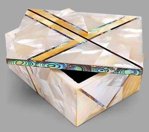4"x3"x2" Marble Jewelry Box, Mother Of Pearl Handmade Mosaic Pauashell Work Art - Picture 1 of 5