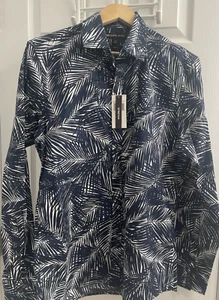Camicia uomo Michael Kors S M L bottoni slim fit elasticizzata blu navy stampa foglie di palma nuova con etichetta - Foto 1 di 9