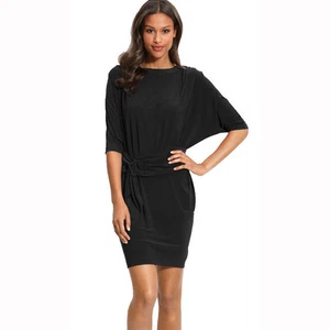 Batwing Sleeves Crewneck Jersey Party Day Night Cocktail Evening Dress Black - Picture 1 of 3