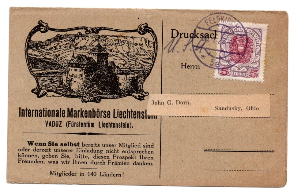 LIECHTENSTEIN 1922 US ADVERTISING MARKENBORSI VADUZ FELDKICH CANCEL TYING 5KN. - Image 1 of 2