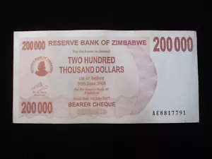 ZIMBABWE 200000 Dollars Bearer Cheque Average Circulated Condition - Picture 1 of 2