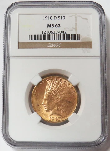 1910 D GOLD USA $10 INDIAN HEAD COIN NGC MINT STATE 62 Cover
