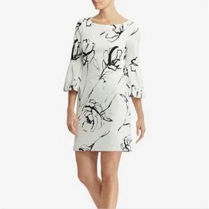 LRL White/Black Abstract Floral Bell Sleeve Shift Dress Womens SZ 10 Cocktail - Picture 1 of 4