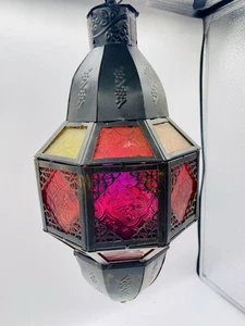 Large Moroccan Lantern Stained Glass Pierced Metal Candle holder hang 15" Tall - Picture 1 of 8