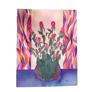 Blumen Kunstdruck mit lila Rahmen Kharin 1997 90er Aquarell Kunst Neon ungerahmt - Bild 1 von 6