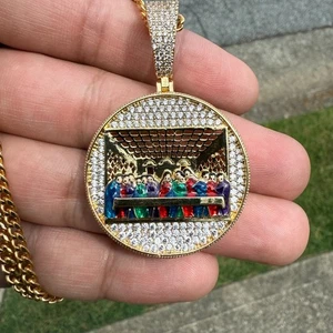 Last Supper Pendant Iced Out 14K Gold Tone Enamel Pendant + Steel Cuban Chain - Picture 1 of 5