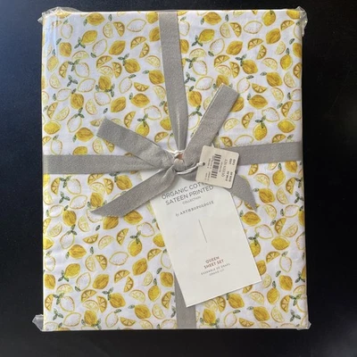 Anthropologie Organic Cotton Sateen Lemon Printed QUEEN Sheets French Country - Image 1 of 4