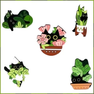 Black Cat in Planter Plants Flower Enamel Pin Brooch Set Badge Hard Set Of 5 Lot - Picture 1 of 7
