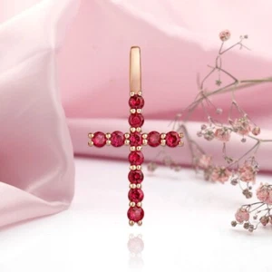 Rose Rotgold Gold 585 kleiner Anhänger Kreuz mit echten Rubinen NEU - Picture 1 of 2