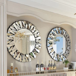 Round Wall Mirror Decorative Sunburst Large Accent Beveled Glass Silver Mirror - Picture 1 of 12