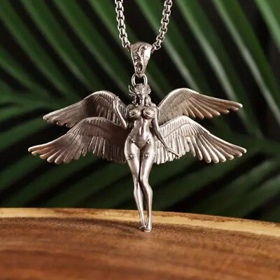 Serafino Angelo Gioielli Vintage Argento Sexy Dea In Piedi Ciondolo Collana - Immagine 1 di 4