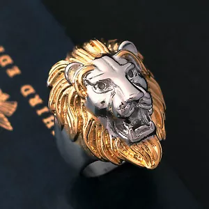 Anello da uomo testa di leone argento oro acciaio inox taglia USA 7 8 9 10 11 12 13 14 15 - Foto 1 di 8