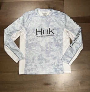 Huk Shirt Mens Medium White Blue Performance Fabrics Fishing L/S Pullover - Picture 1 of 9