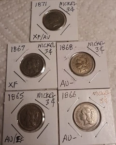 1865, 1866, 1867, 1868 & 1871 3-Cent Nickels (XF to AU Condition) - Picture 1 of 12