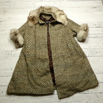 Abrigo Albrechts vintage para mujer L/XL lana tweed ribete de piel abrigo manga corta Foto 1 de 4