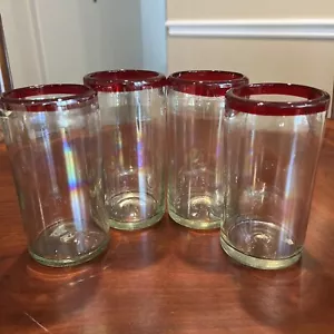 Mexikanische mundgeblasene schwere Seifenblasen Gläser roter Rand Becher 4er Set - Bild 1 von 6