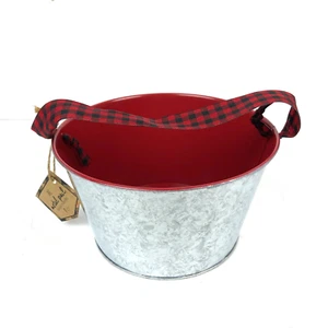 Galvanized Metal Tin Pail Bucket with Ribbon Handle Red Interior Christmas NEW - Picture 1 of 5
