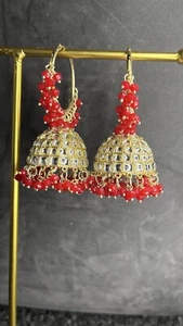 Bollywood Style Indian Pearl Jhumka Earrings Bridal Glass Kundan Jewelry Set - Picture 1 of 4
