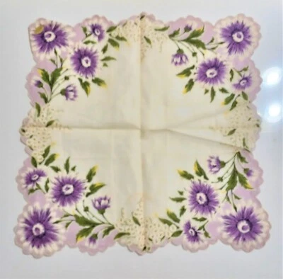 Pañuelo Vintage Bordes Festoneados Púrpura Flores Asters Algodón Filipinas NUEVO Foto 1 de 4
