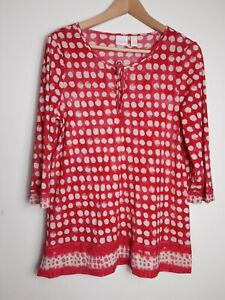 Chico’s Size 1 Tunic Top Red Polka dot Tunic Blouse Lightweight Nylon Stretchy 