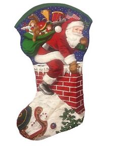 Vtg Jumbo Down The Chimney Fabric Christmas Stocking Large Santas Best Cranston