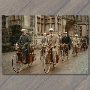 Art Print Gentlemen Riding Antique Motor Bicycles Steampunk Style Historic Stree - Picture 1 of 1