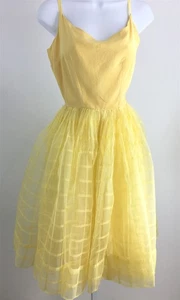 Vtg 1950's Yellow Sheer Windowpane Pattern Skirt Dress Full Skirt & Slip Sz XS-S - Picture 1 of 13