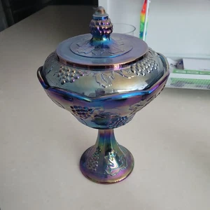 3990 Indiana Iridescent Blue Carnival Glass Compote Candy Dish Harvest Grapes - Picture 1 of 9