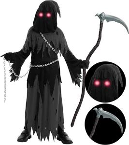Kids Grim Reaper Costume with Glowing Eyes, Halloween Outfit for Boys, Dress Up - Picture 1 of 12