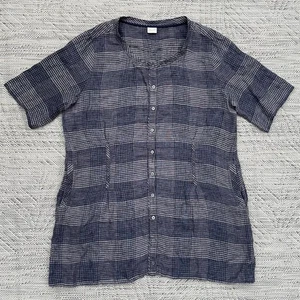 Poetry Check Tunic Blouse Women's UK 16 Navy Grey Short Sleeve Boho Lagenlook - Picture 1 of 18