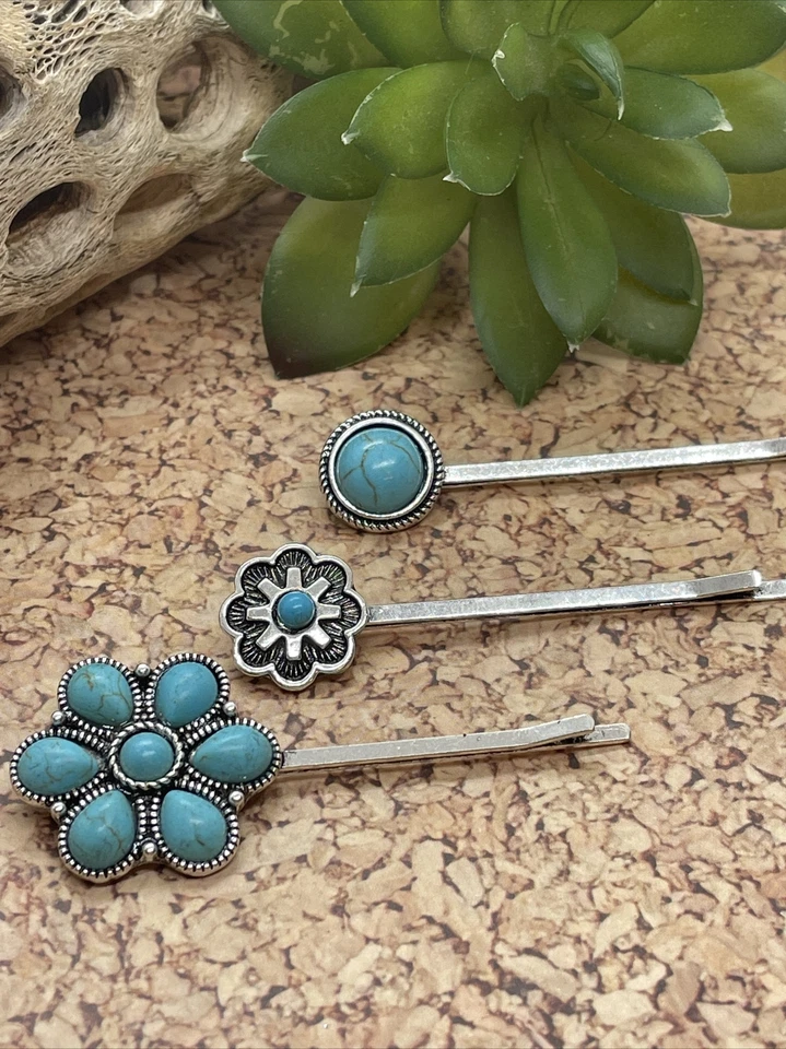 JUEGO 3 pinzas para el cabello plateadas del suroeste occidental turquesa AZUL REGRESO A LA ESCUELA Foto 1 de 4
