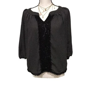 My Michelle -Black with White Polka Dot 3/4 Sleeve Lace Inset Blouse Size S - Picture 1 of 6