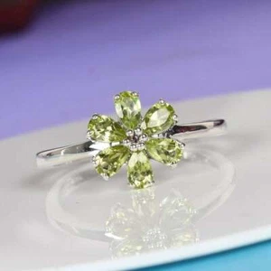 Natürlicher Grüner Peridot Blumen Edelstein Krappenring 925 Sterlingsilber - Bild 1 von 5