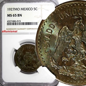 MEXICO Bronze 1927 MO 5 Centavos NGC MS65 BN NICE TONING KM# 422 (015) - Picture 1 of 5