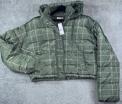 Chaqueta PacSun para mujer M/L verde a cuadros con capucha acolchada invierno recortada precio de venta sugerido por el fabricante 69 USD nueva con etiquetas Foto 1 de 4